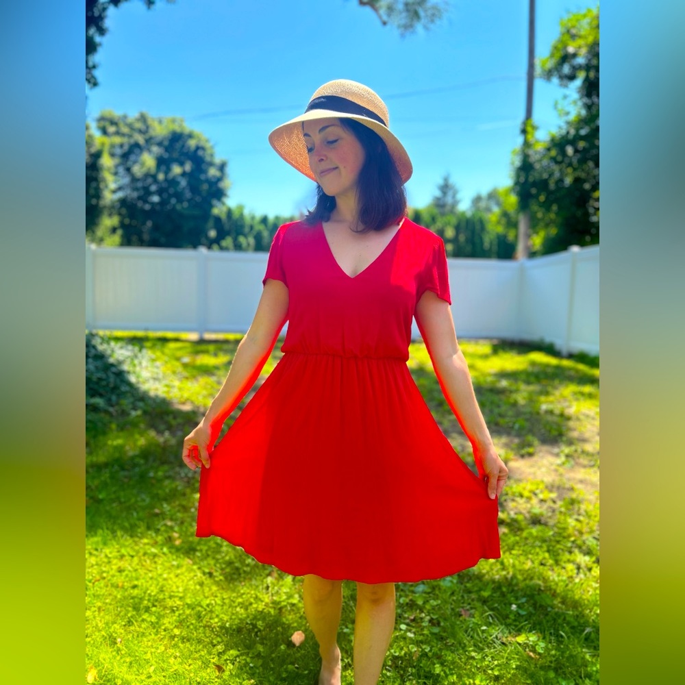 Wayf Red Blouson V-Neck Midi Dress Knee length Small